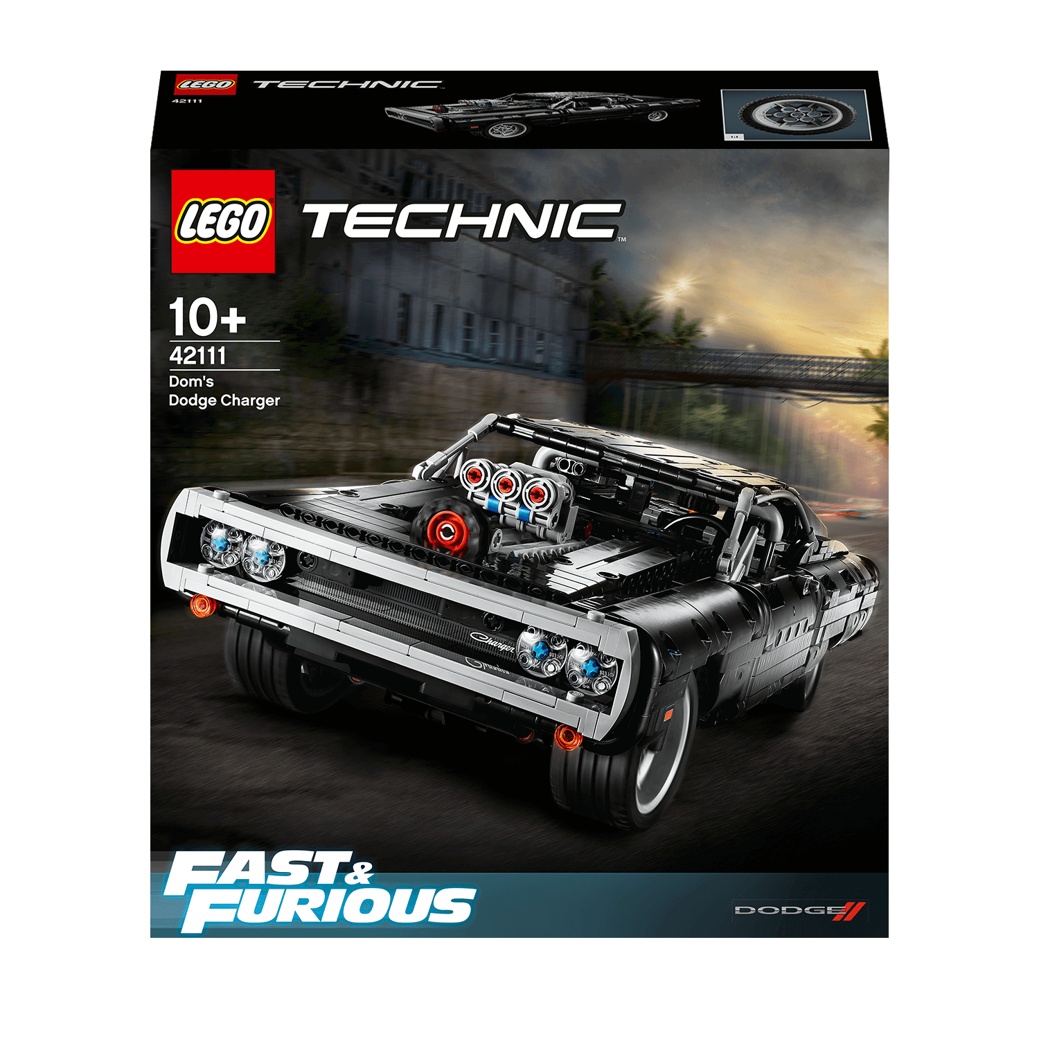 LEGO® Technic Dom's Dodge Charger set 42111 from Fast & Furious, perfect for recreating movie stunts.