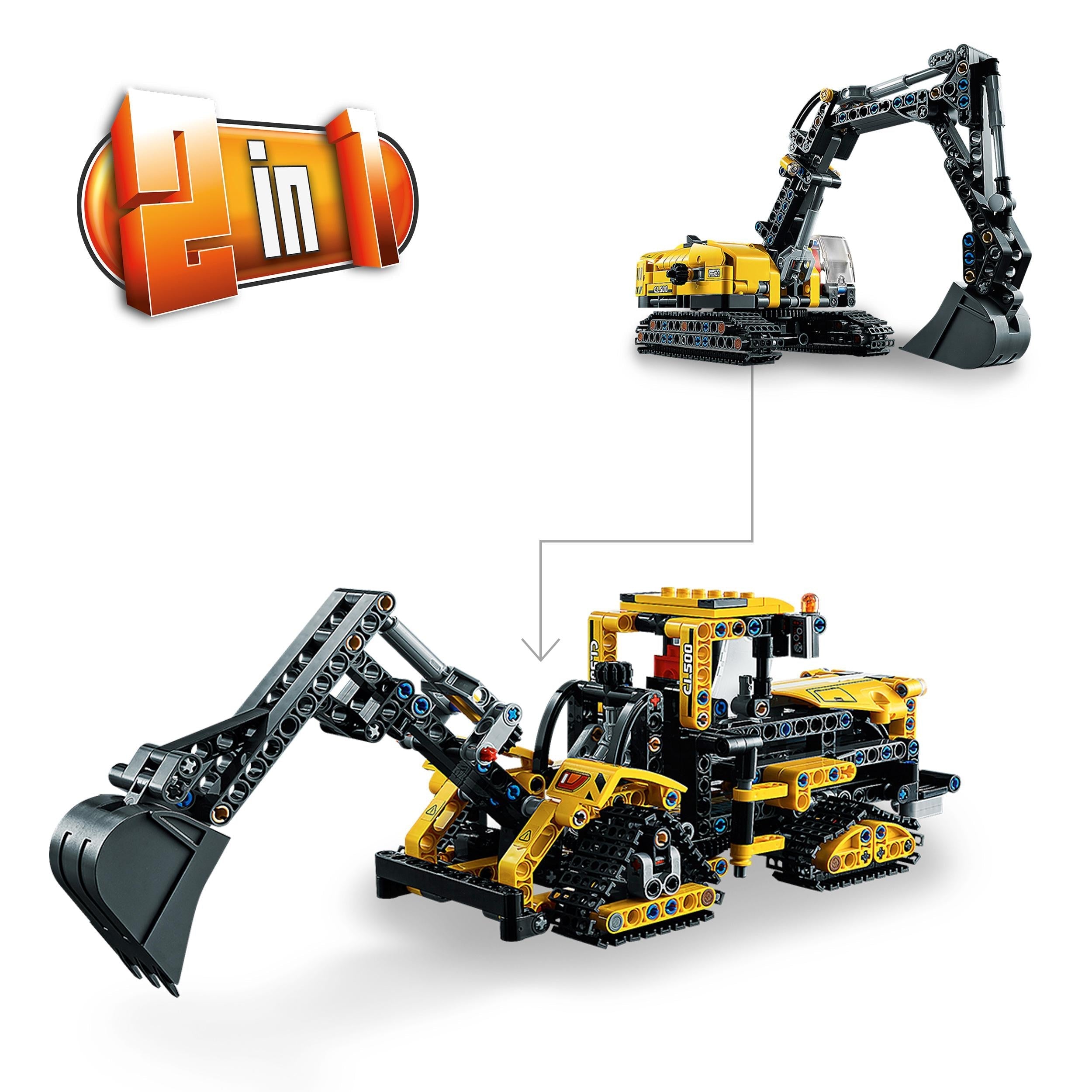 LEGO Technic Heavy-Duty Excavator 2-in-1 building set, showcasing both models in an engaging construction scene.