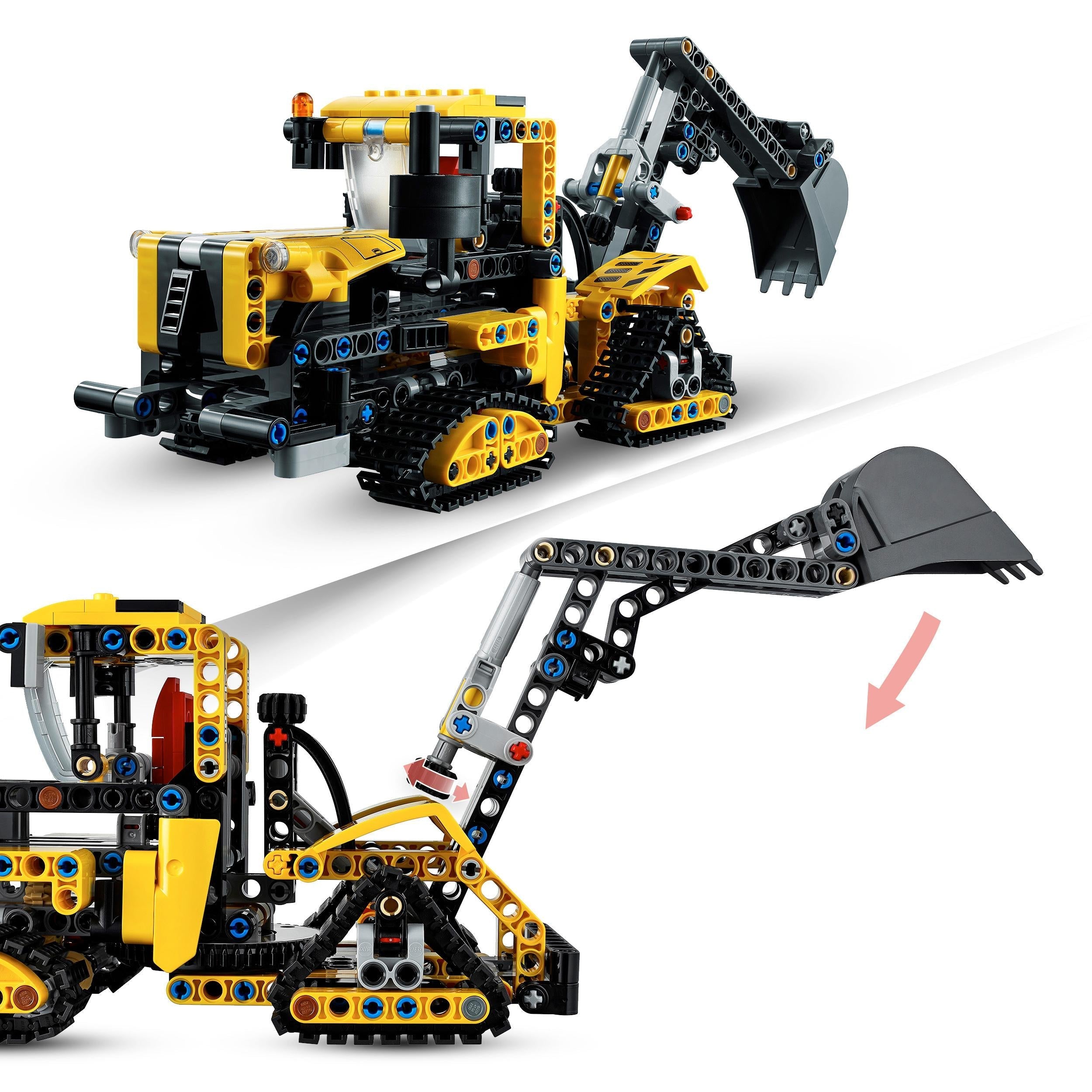 LEGO® Technic Heavy-Duty Excavator Building Set 42121 showcasing detailed construction model with moving parts.