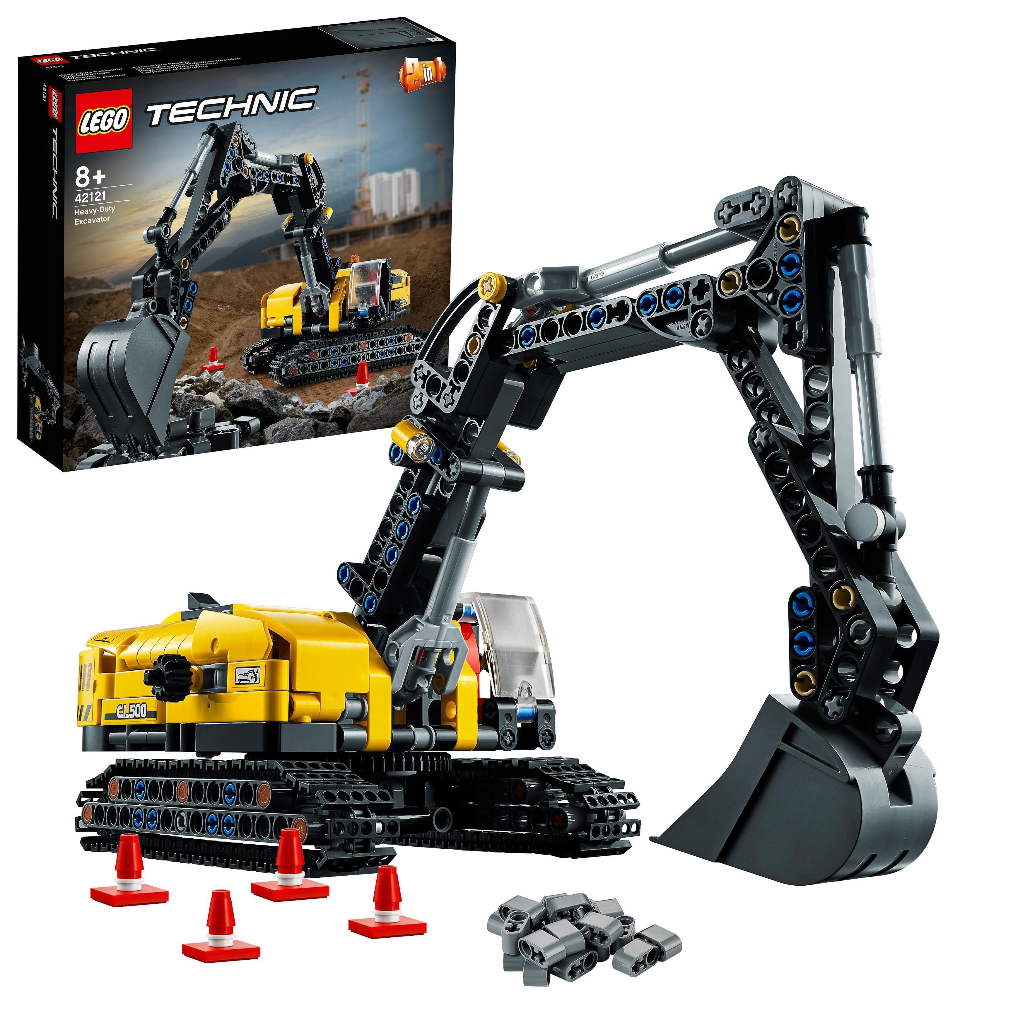 LEGO Technic Heavy-Duty Excavator Building Set 42121 with movable arm and accessories for kids ages 8 and up.