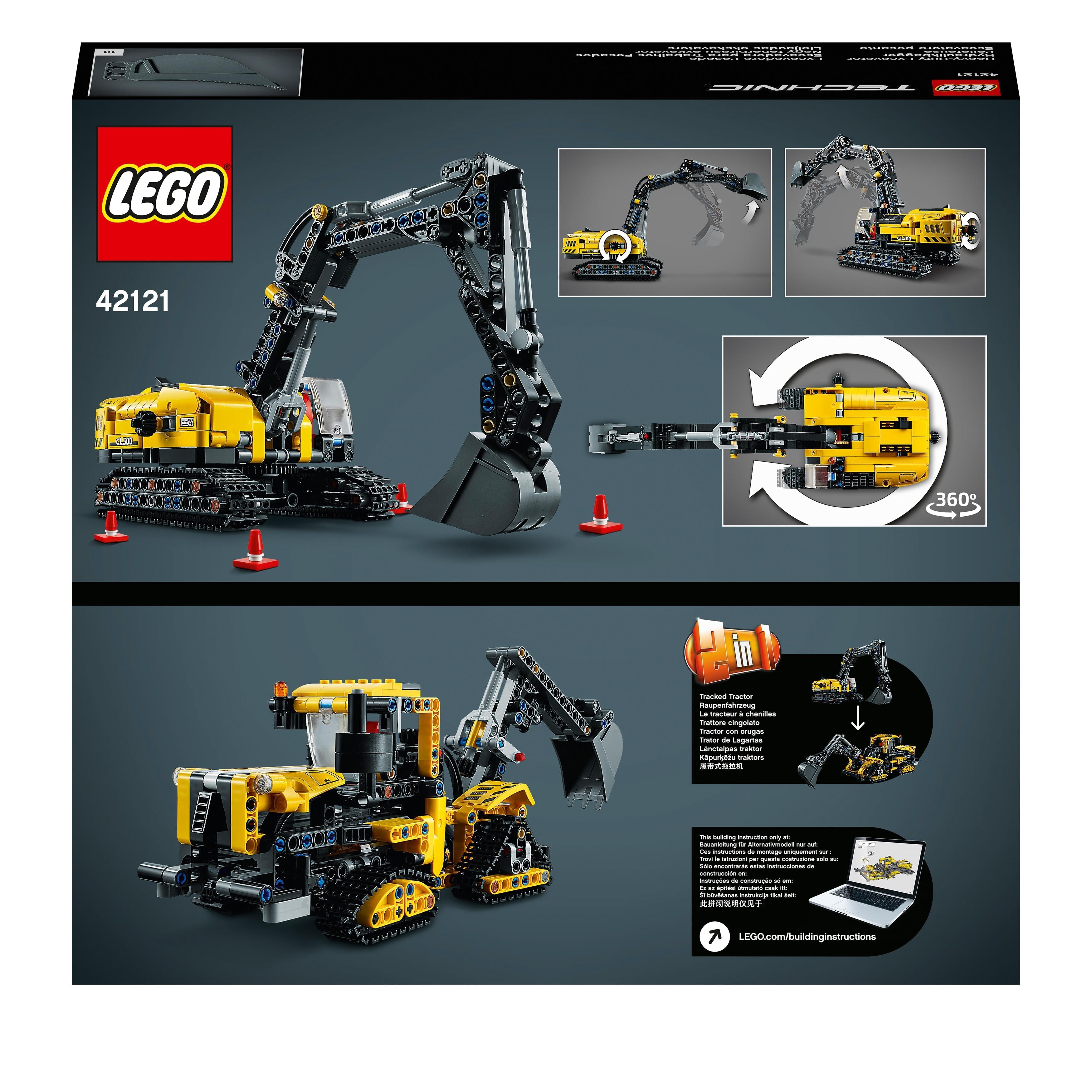 LEGO Technic Heavy-Duty Excavator 42121 back view showcasing 2 in 1 models and features for kids' construction play.