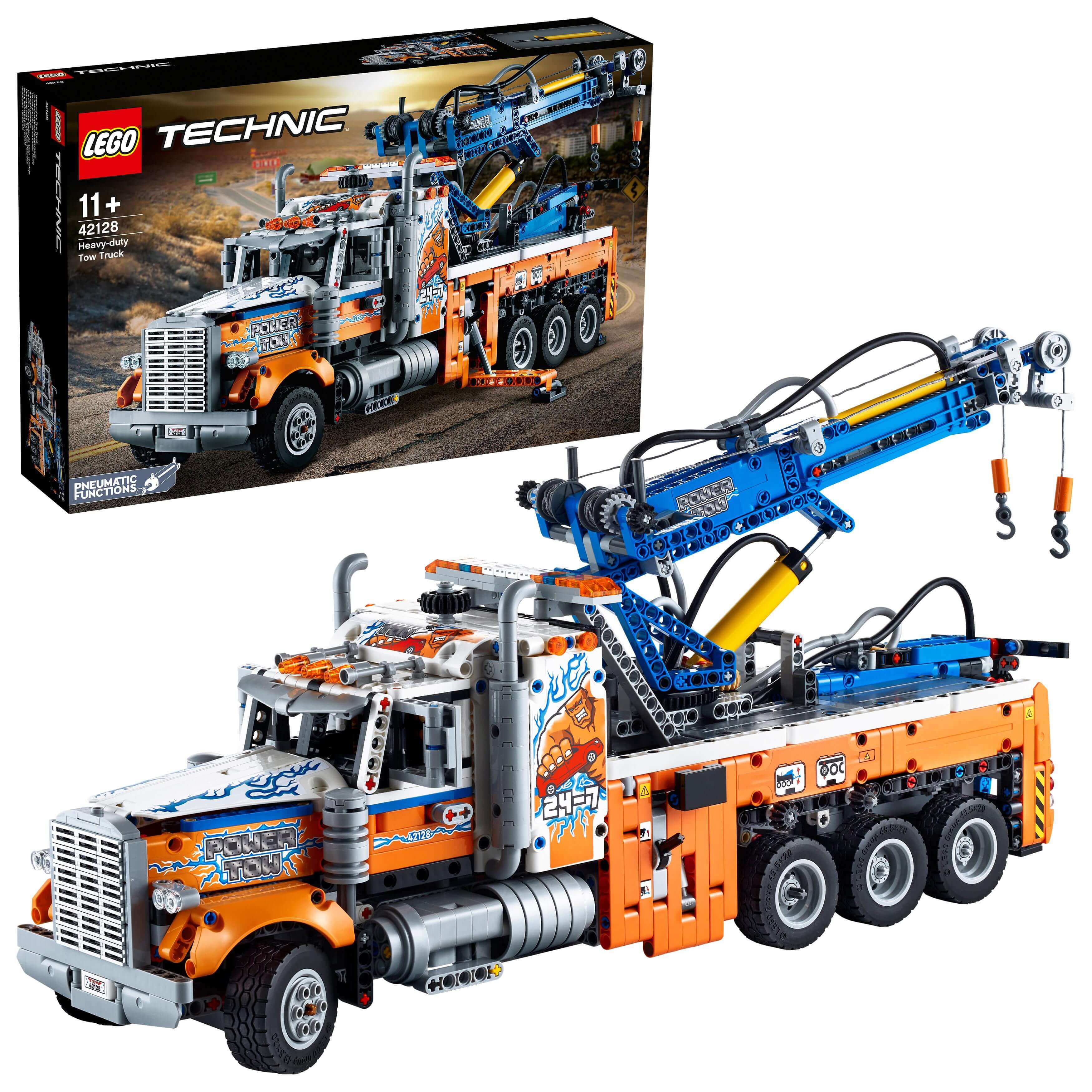 LEGO® Technic Heavy-Duty Tow Truck 42128 set displayed, showcasing detailed design and realistic tow functions.