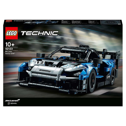 LEGO Technic McLaren Senna GTR Toy Sports Car 42123 packaging showcasing detailed build design, perfect for racing enthusiasts.