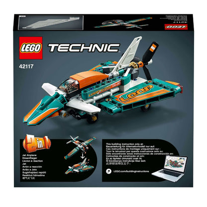 LEGO® Technic Race Plane Jet 2 in 1 Toy 42117 with spinning propeller and instructions for building.