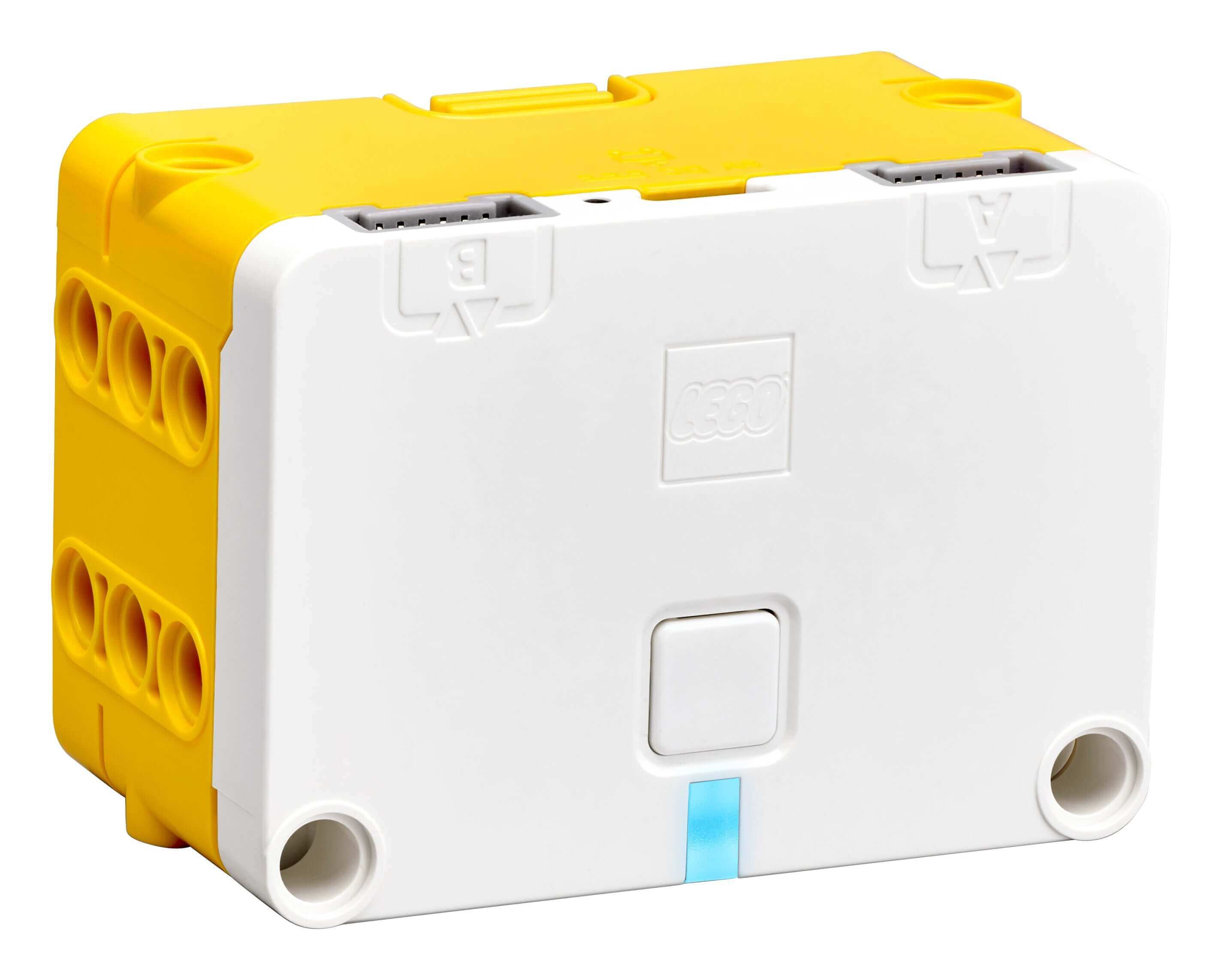 LEGO Technic Small Hub 45609 with yellow and white design, featuring input/output ports and Bluetooth connectivity.