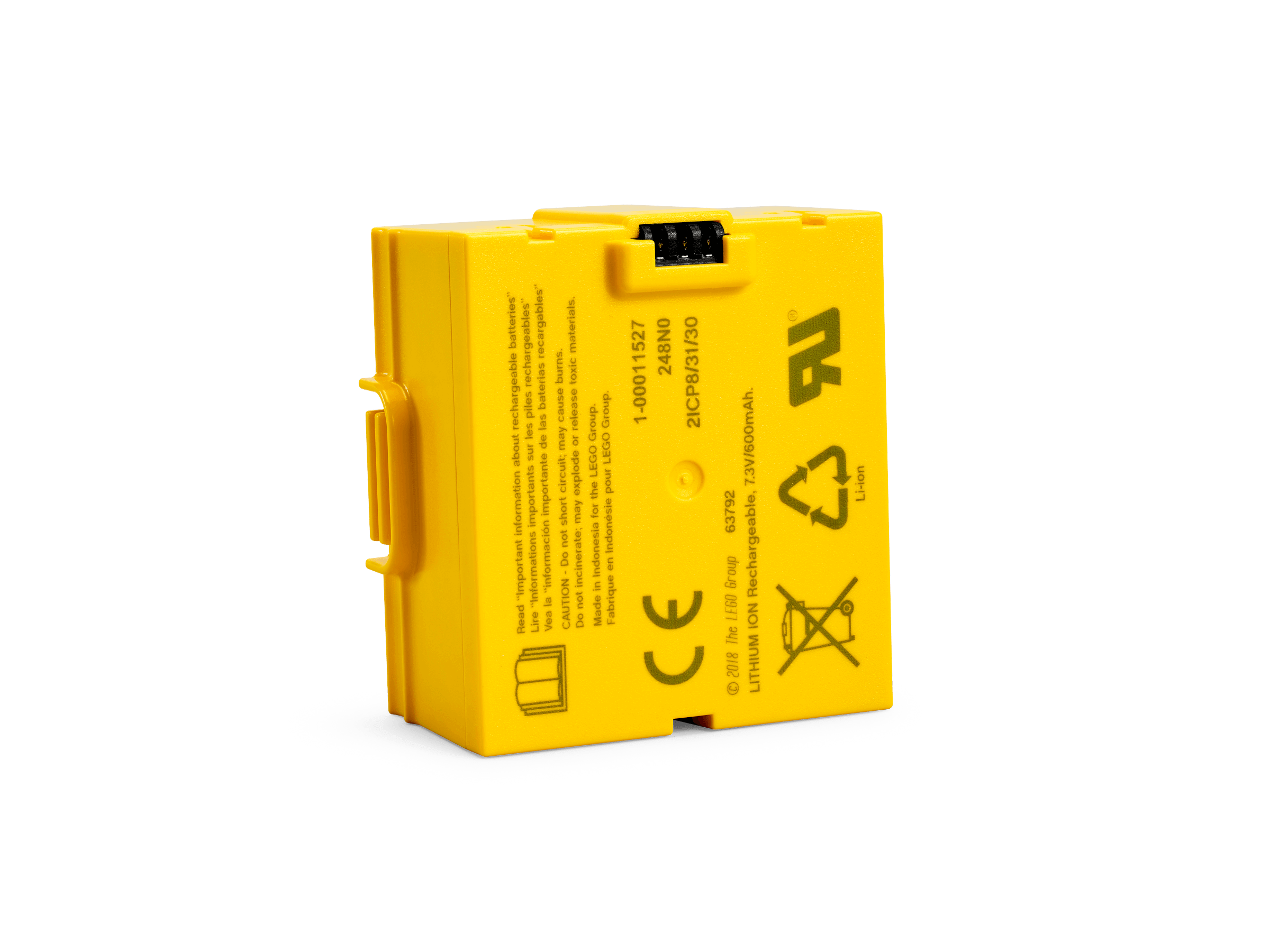 LEGO Technic Small Hub Battery 45612 rechargeable lithium-ion battery in yellow with CE marking and recycling symbol.