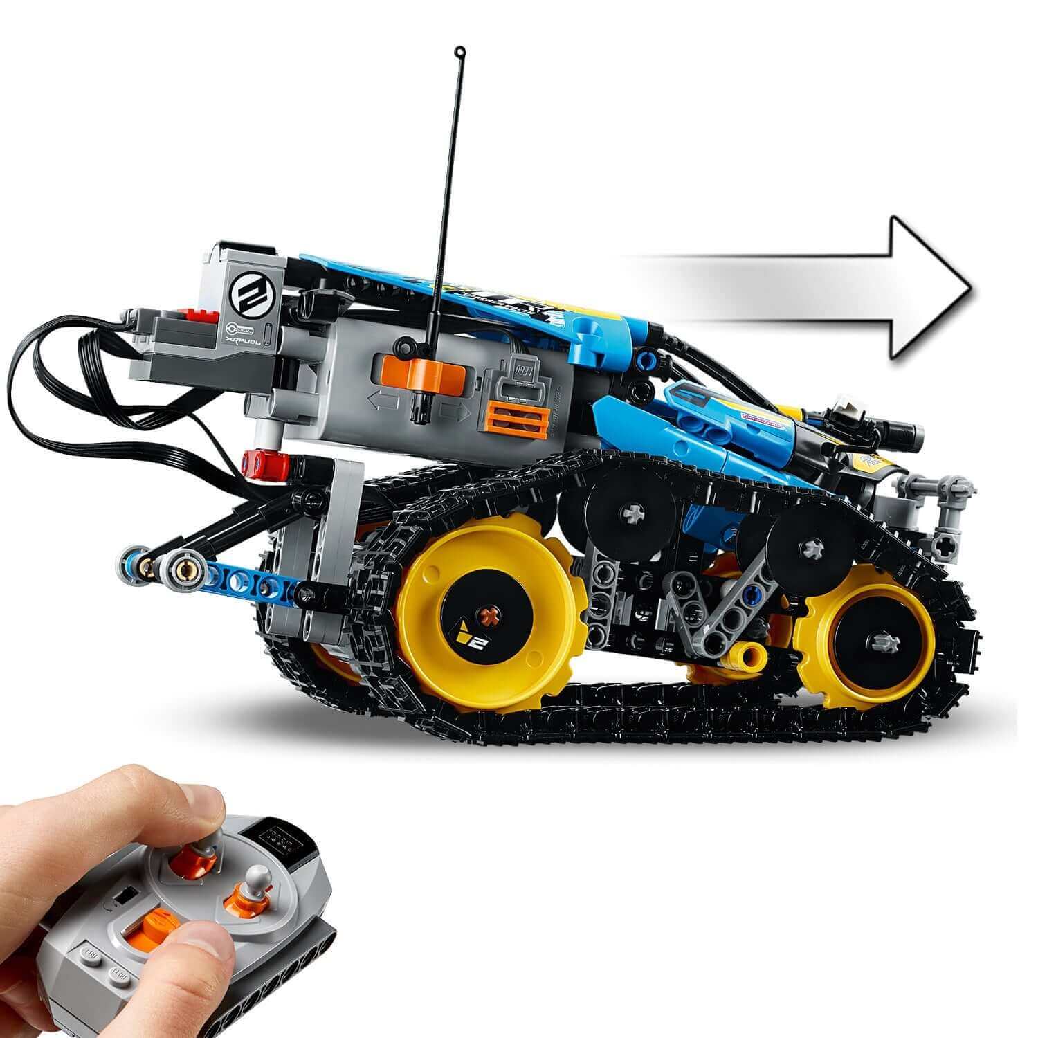 LEGO Technic Stunt Racer RC Car 42095 showcasing remote control and tank track design.
