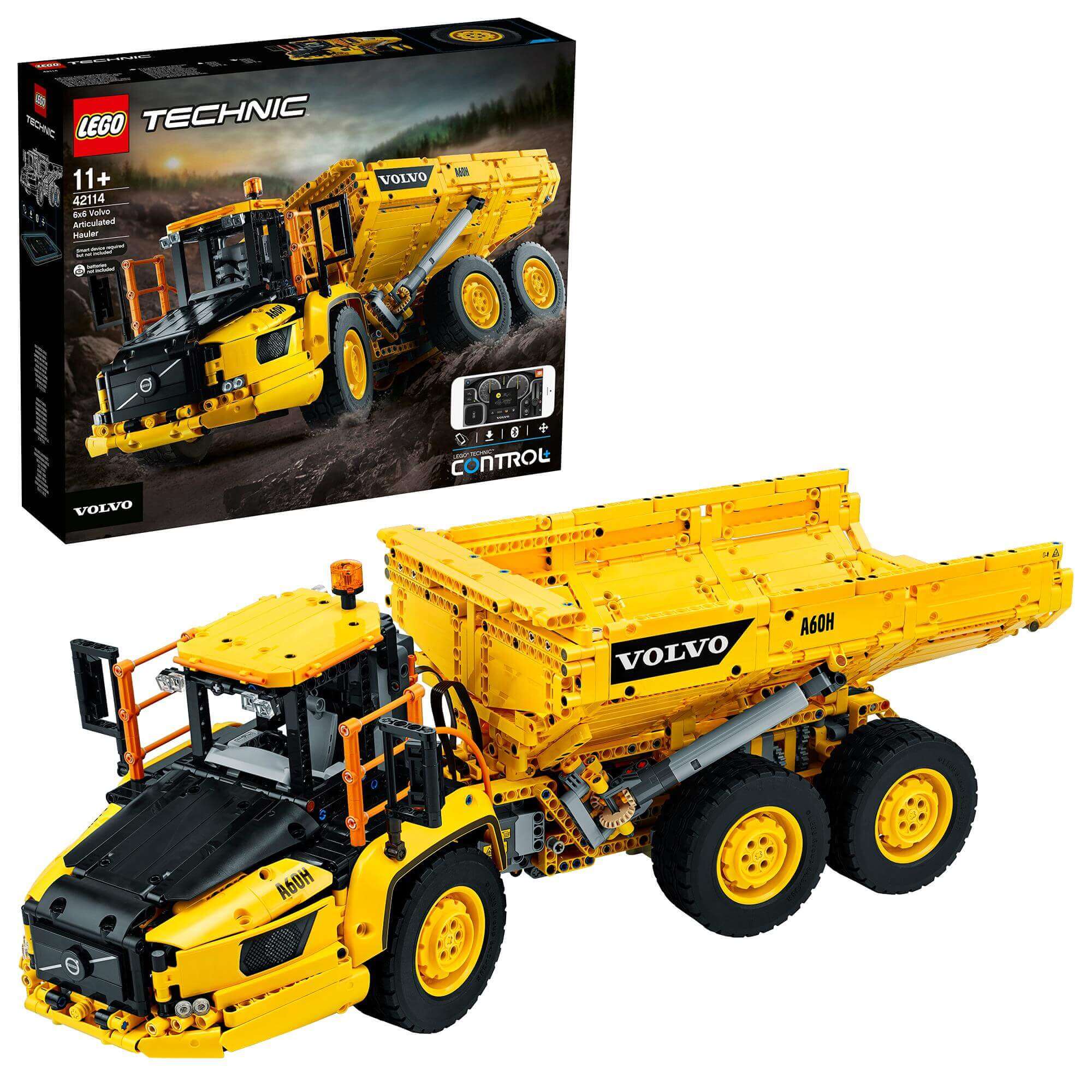 LEGO Technic 6x6 Volvo Articulated Hauler Truck 42114 with app control, ideal for creative kids who love construction toys.