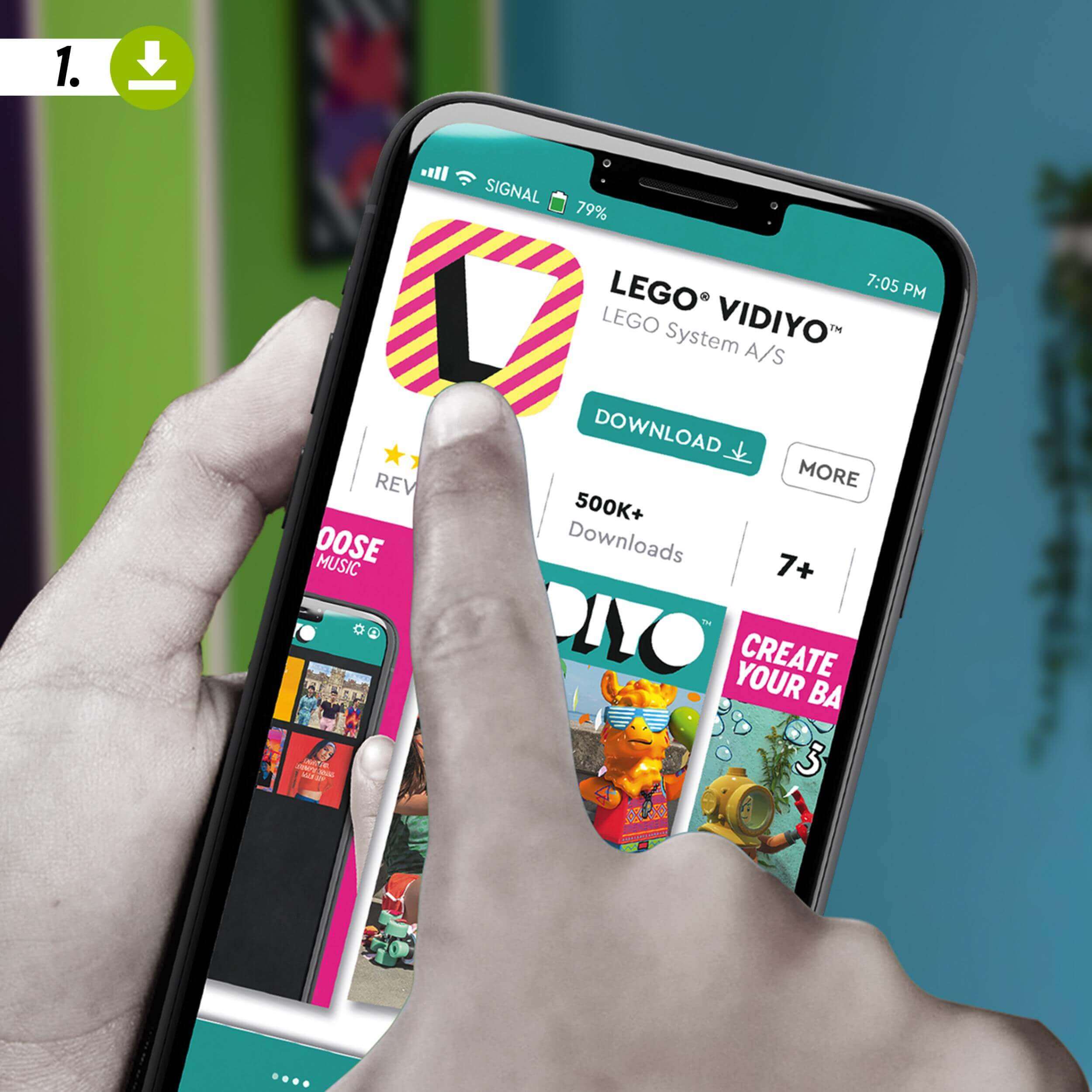 Person using the LEGO® VIDIYO app on a smartphone to download music for the Folk Fairy BeatBox set.