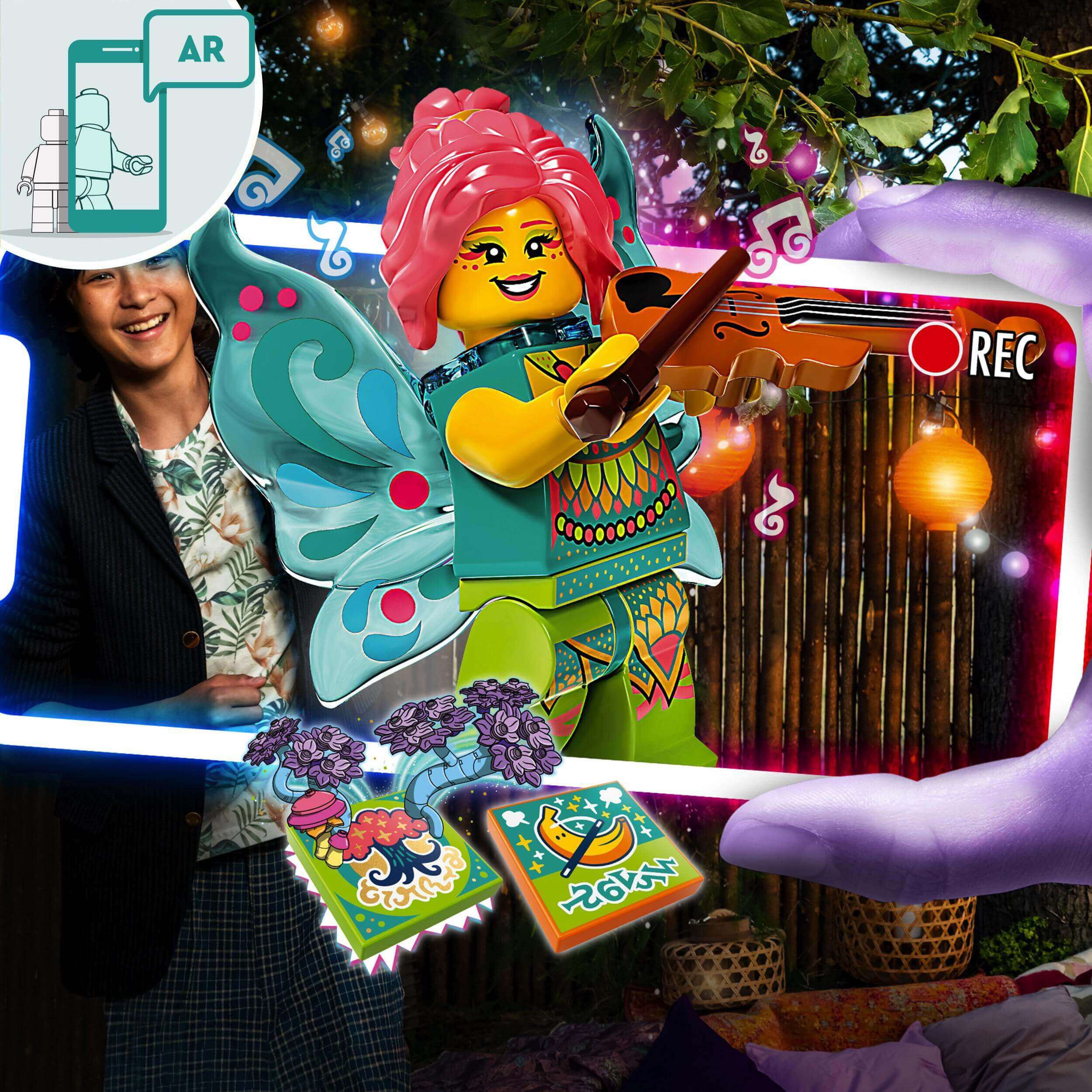 LEGO® VIDIYO Folk Fairy BeatBox set featuring a colorful fairy with a violin and AR interaction in a vibrant setting.