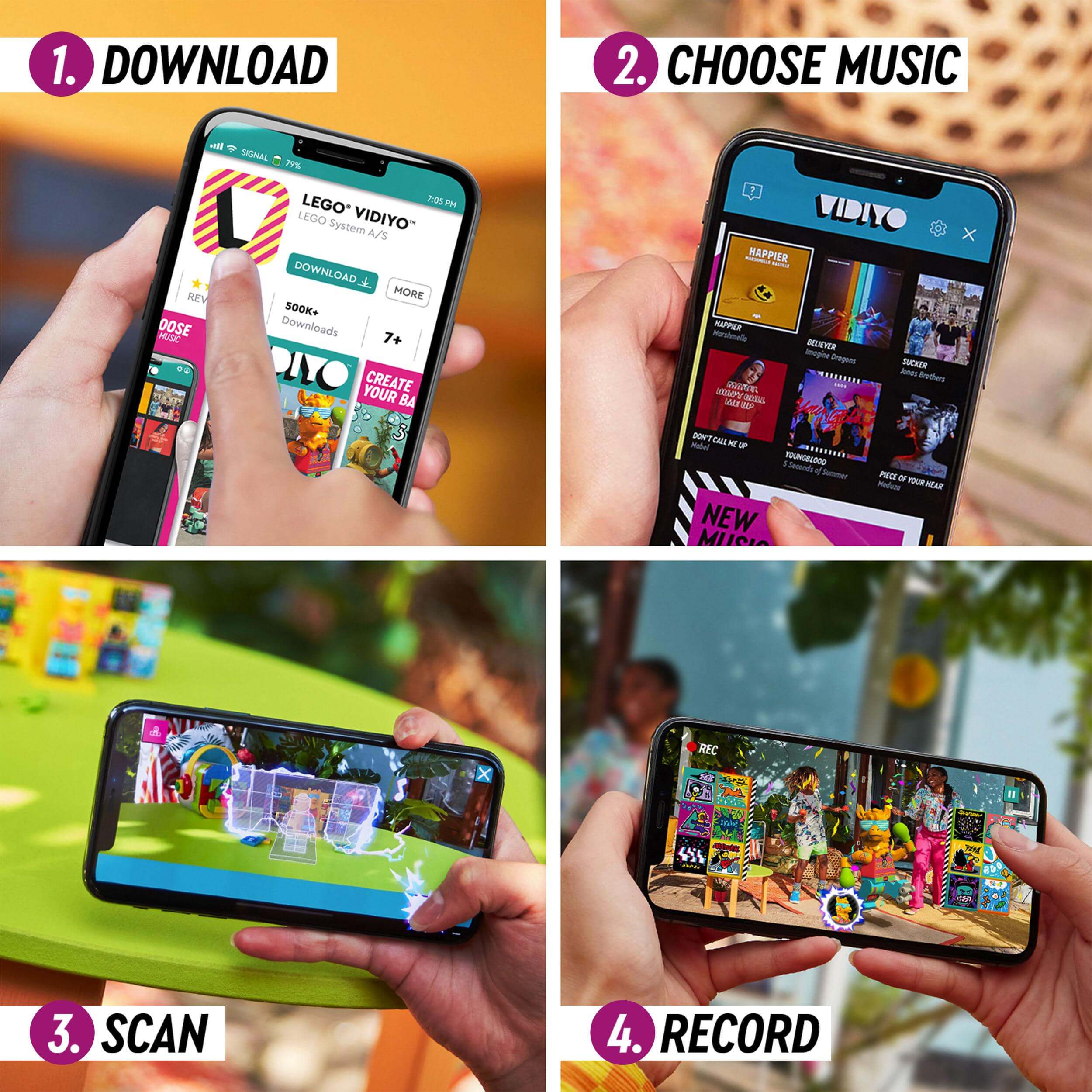 Step-by-step guide showing how to use LEGO VIDIYO app: download, choose music, scan, and record fun videos.