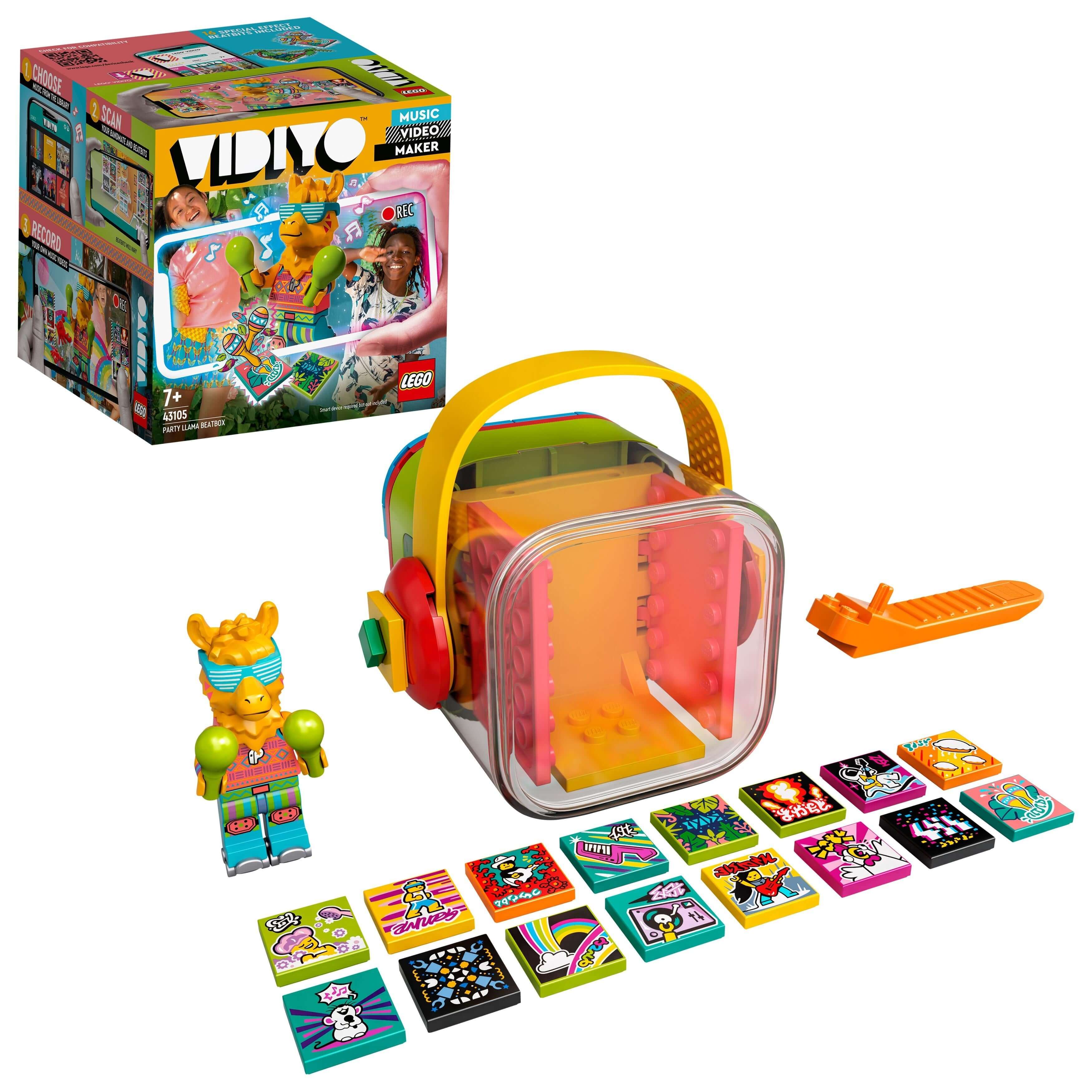 LEGO® VIDIYO Party Llama BeatBox set, featuring a music box, Llama figure, and colorful cards for creative music videos.