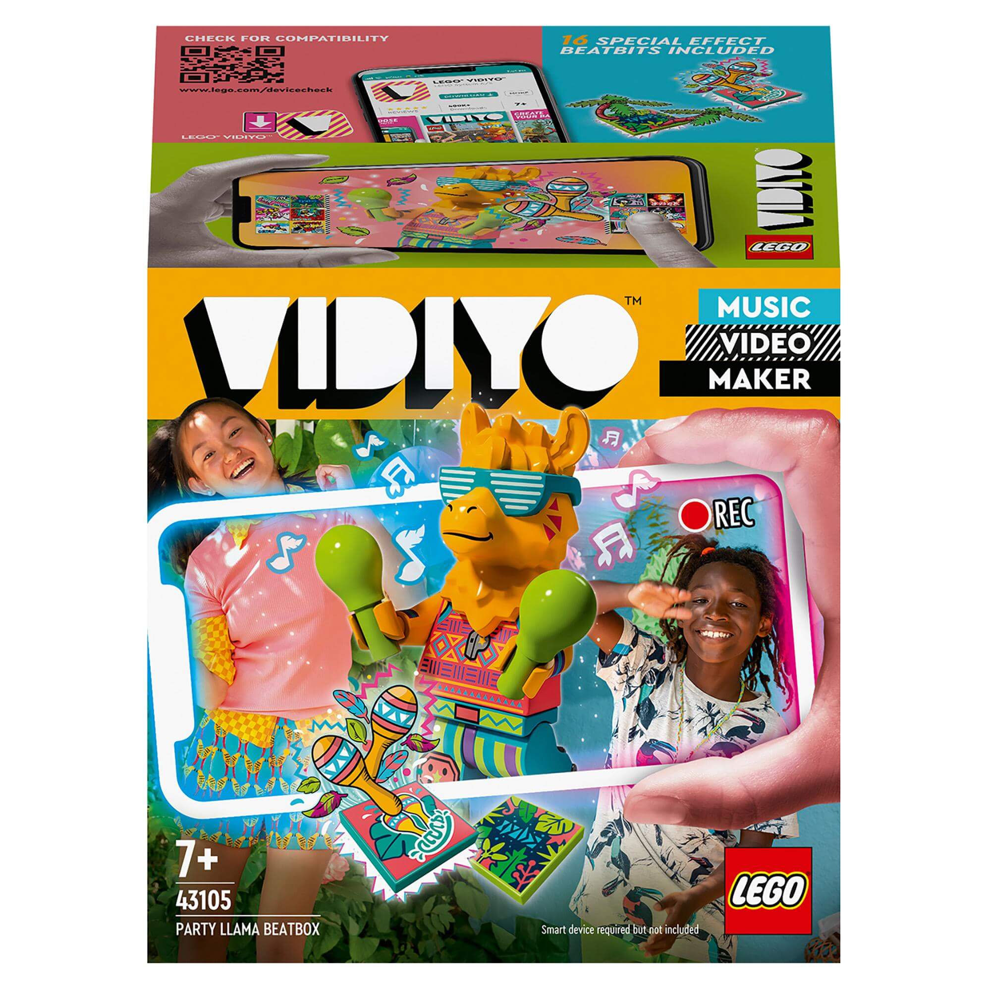 LEGO® VIDIYO Party Llama BeatBox set featuring kids creating music videos with colorful llama figure and app.