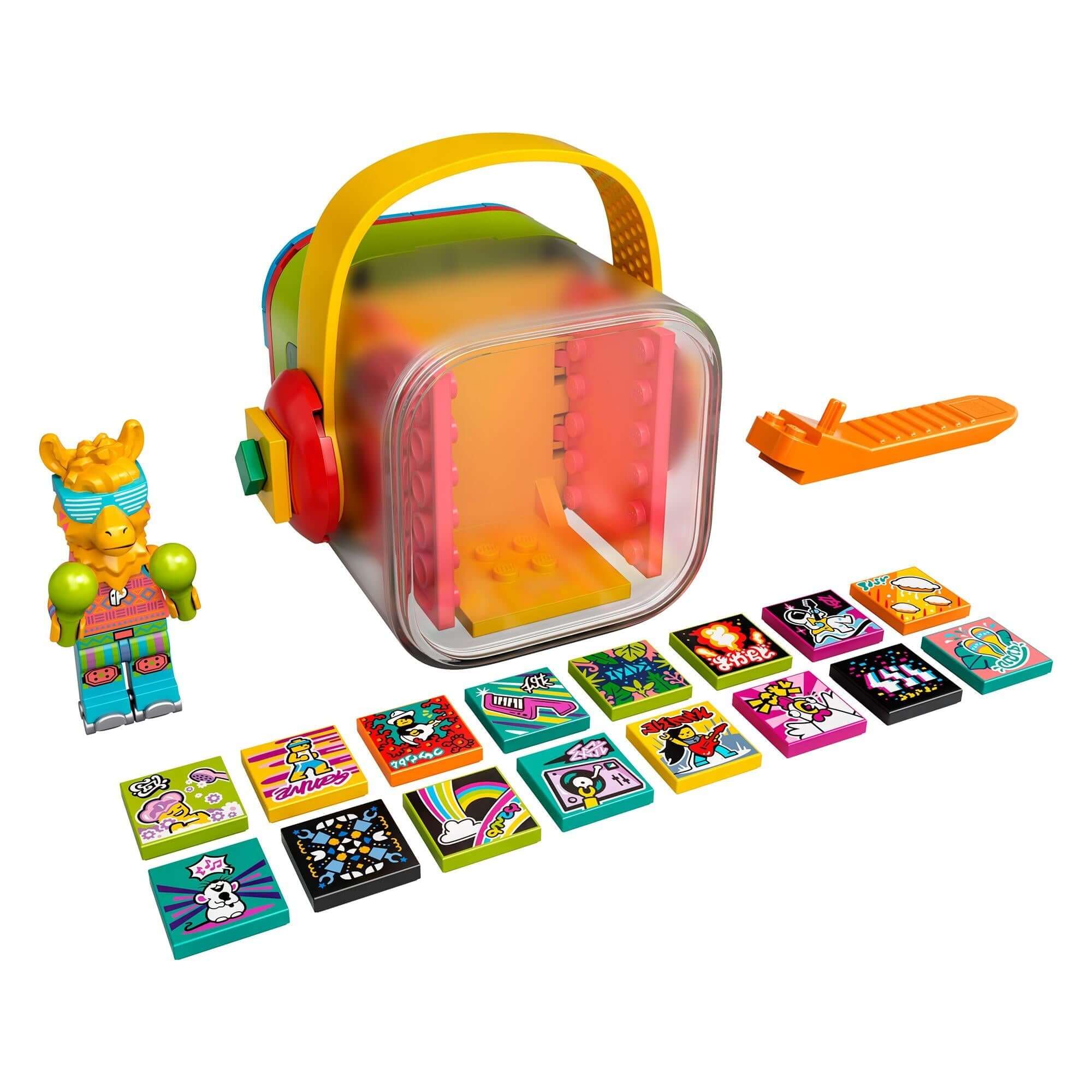 LEGO VIDIYO Party Llama BeatBox set with figure, music tiles, and colorful container for creative music video fun.