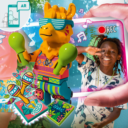 Colorful LEGO® VIDIYO™ Party Llama BeatBox set with child engaging in music video fun.