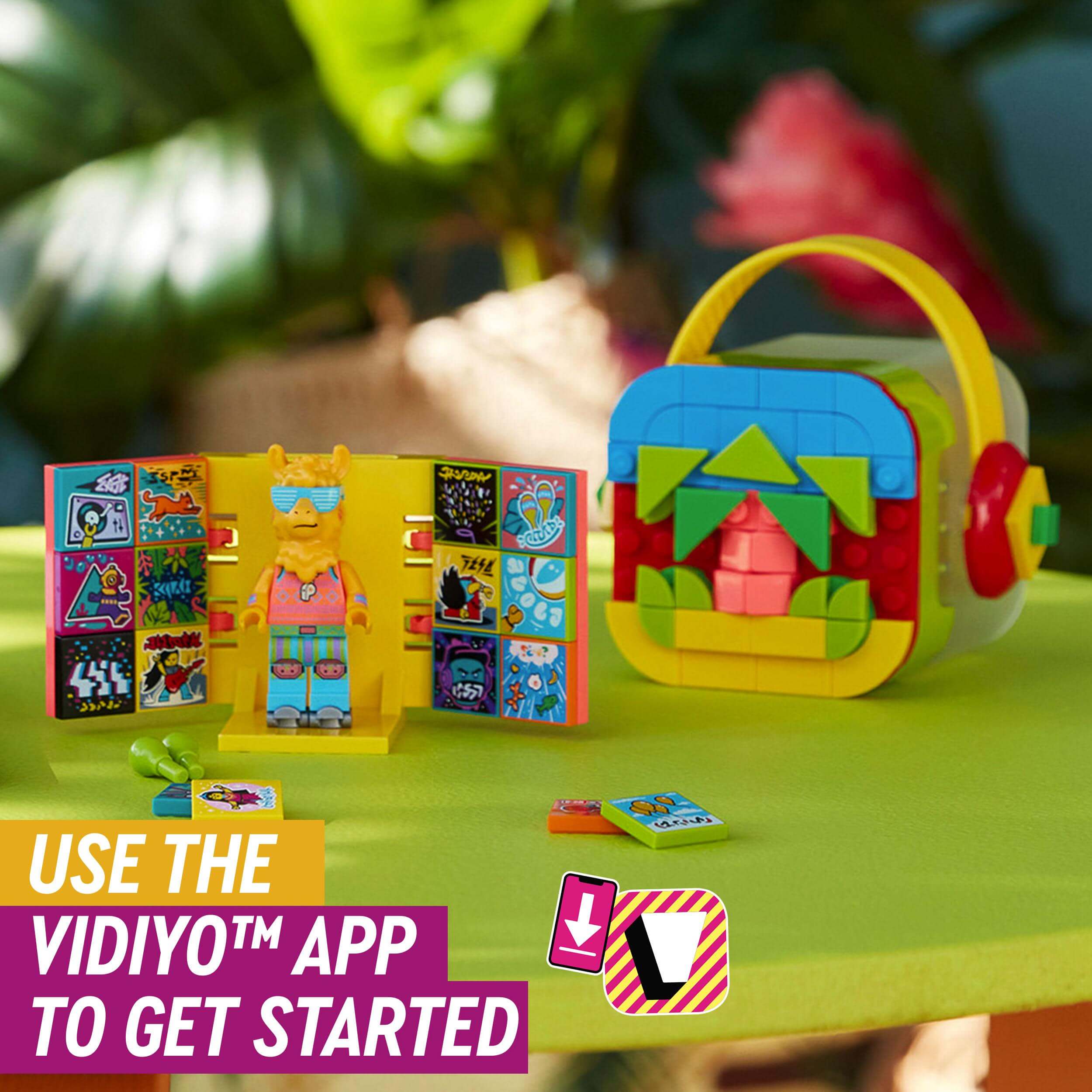 LEGO® VIDIYO Party Llama BeatBox set with colorful figure, stickers, and music box for kids' creative fun.