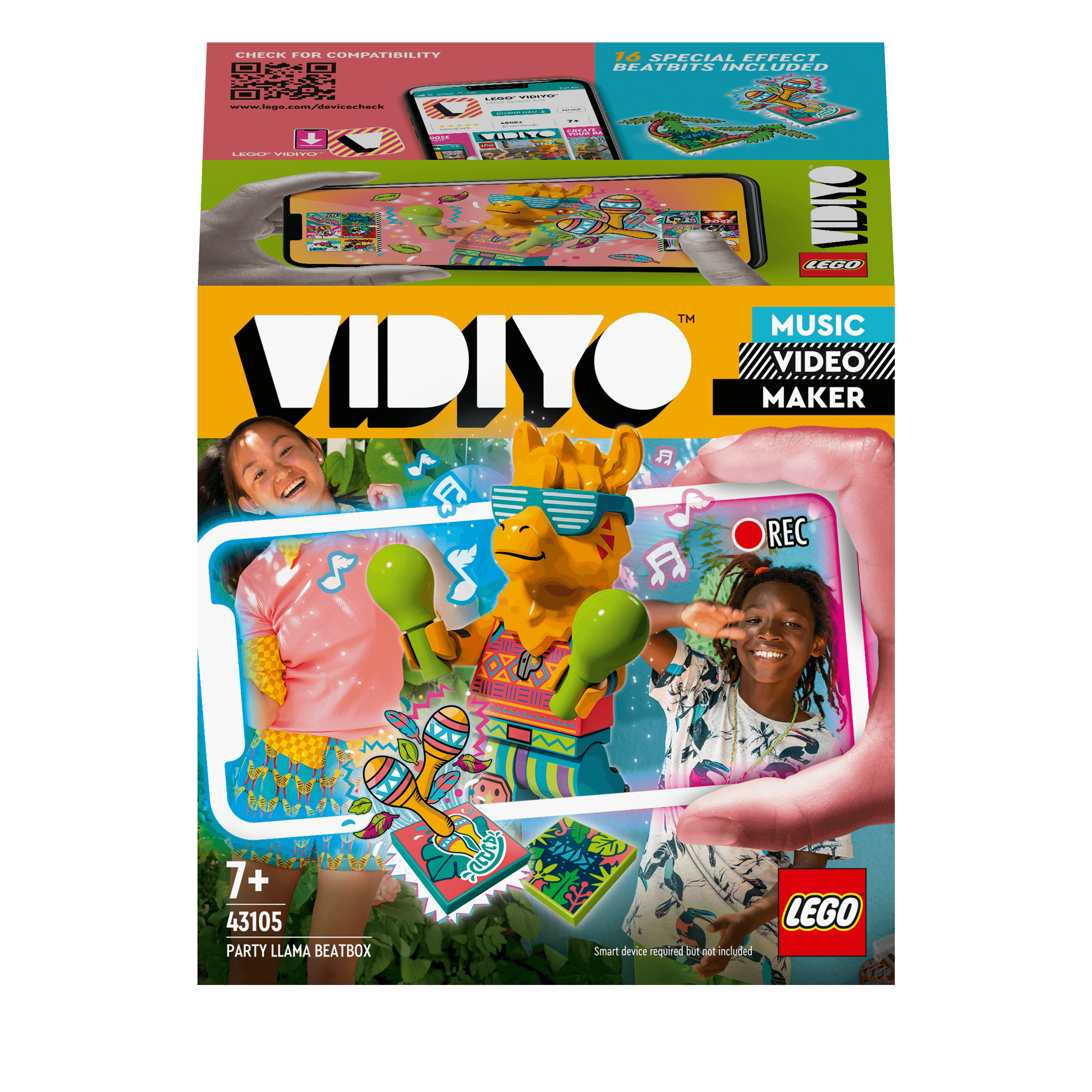 LEGO VIDIYO Party Llama BeatBox Set 43105 featuring kids creating music videos with a colorful llama figure.