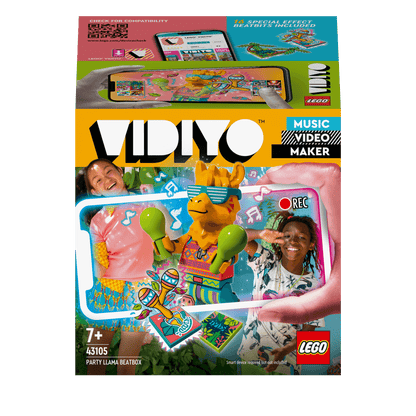 LEGO VIDIYO Party Llama BeatBox Set 43105 featuring kids creating music videos with a colorful llama figure.