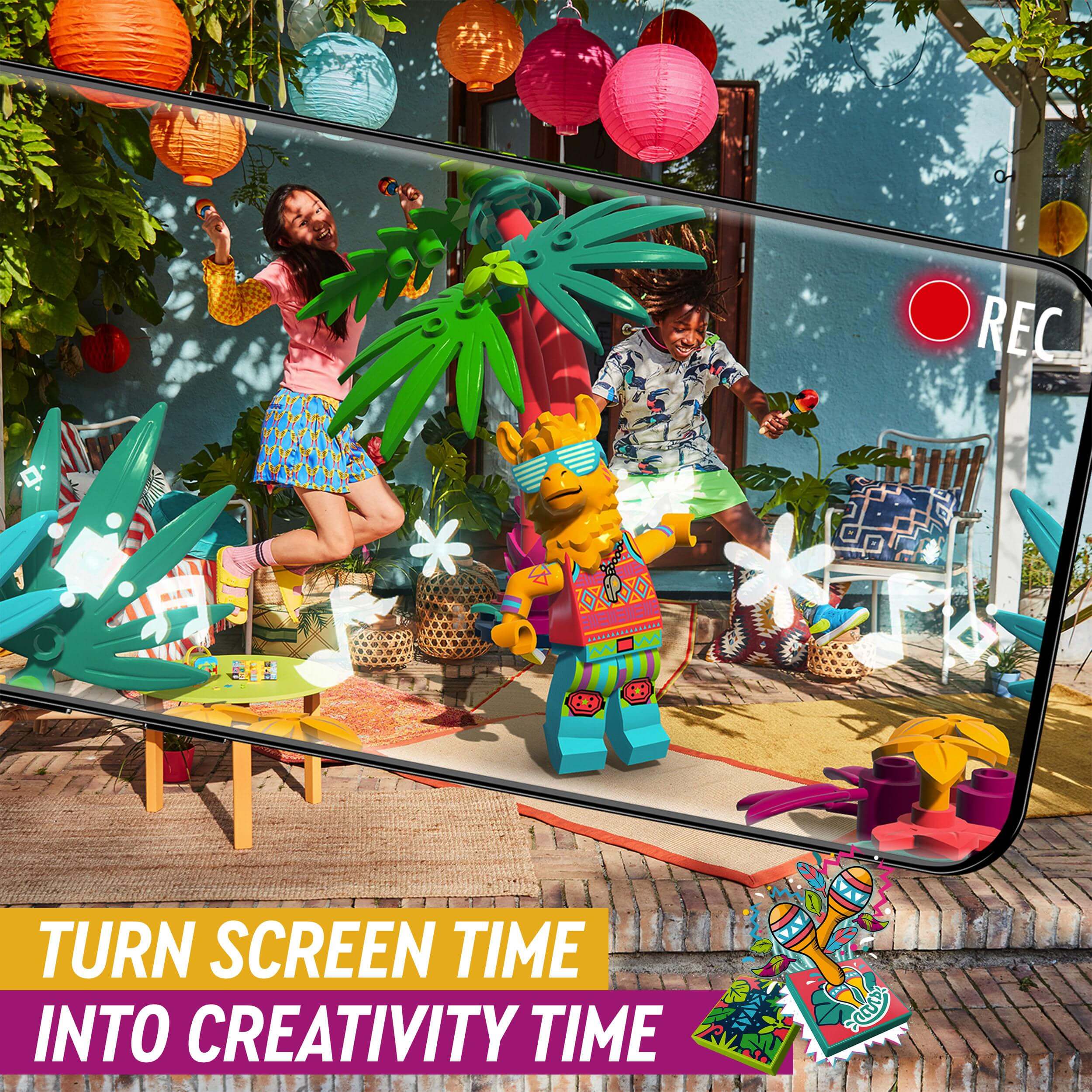 Kids creating a fun music video with LEGO VIDIYO Party Llama BeatBox set, showcasing creativity and playful color.