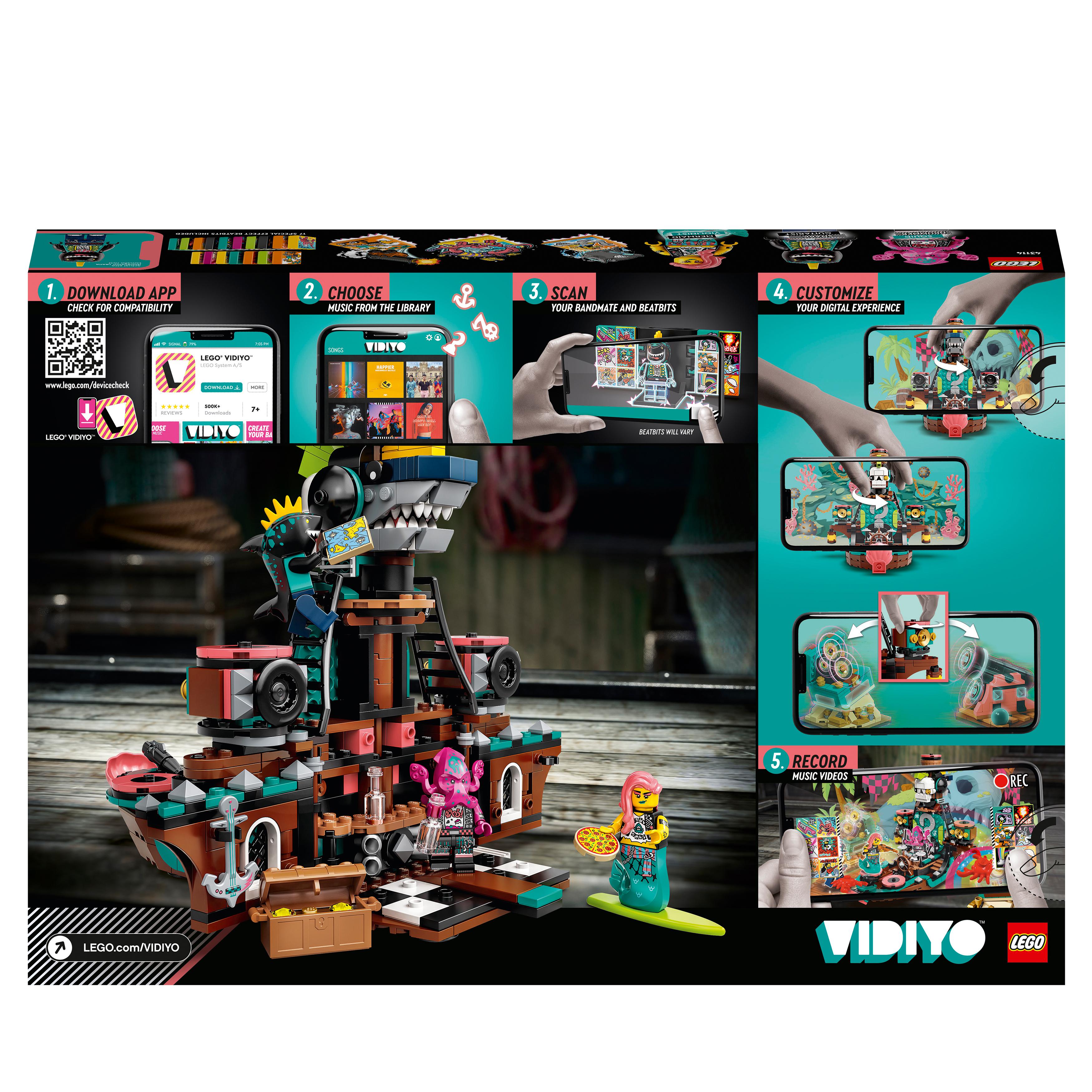 LEGO® VIDIYO Punk Pirate Ship BeatBox Set 43114 showing app instructions for creating music videos.