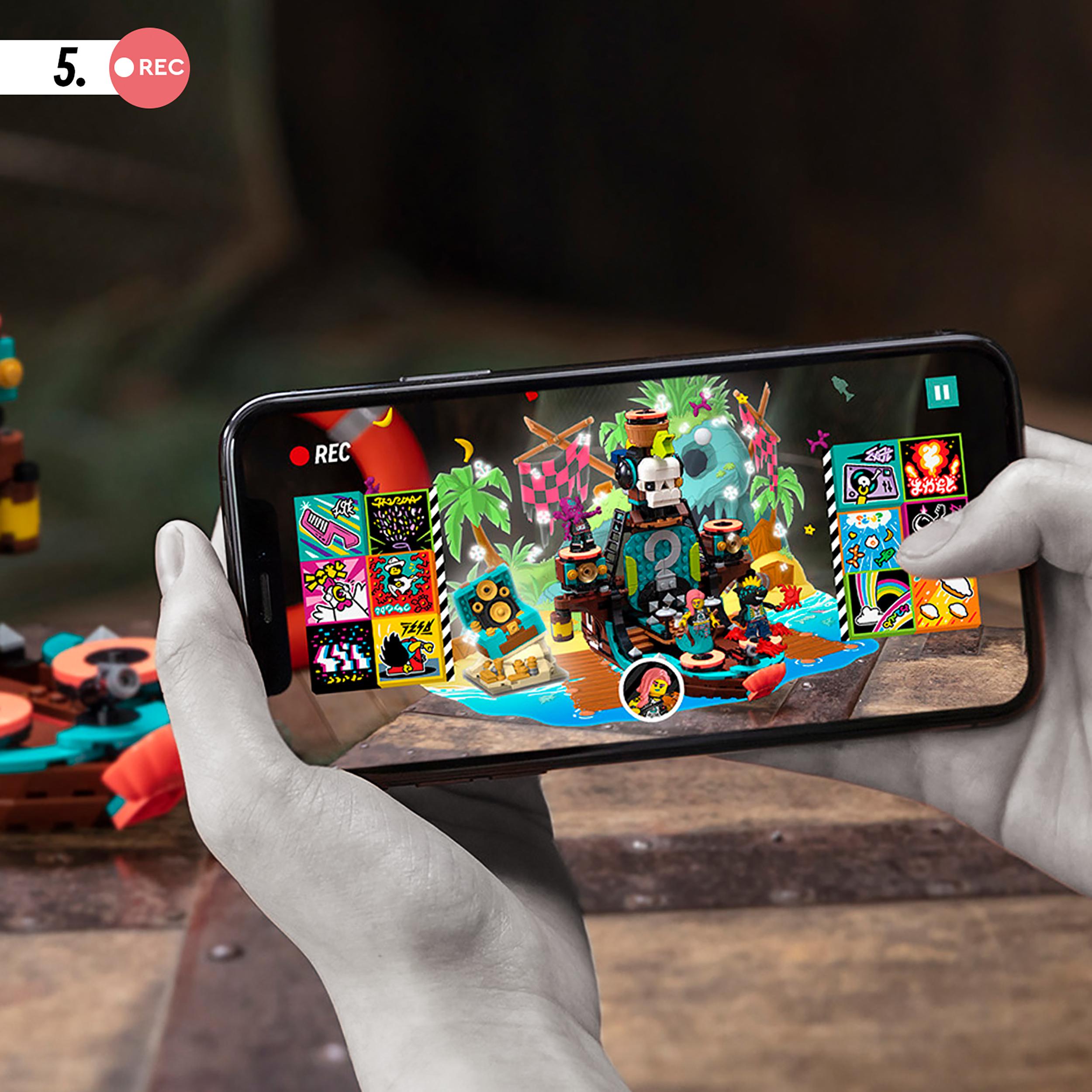 Child using LEGO® VIDIYO Punk Pirate Ship BeatBox Set app to create a music video on a smartphone.