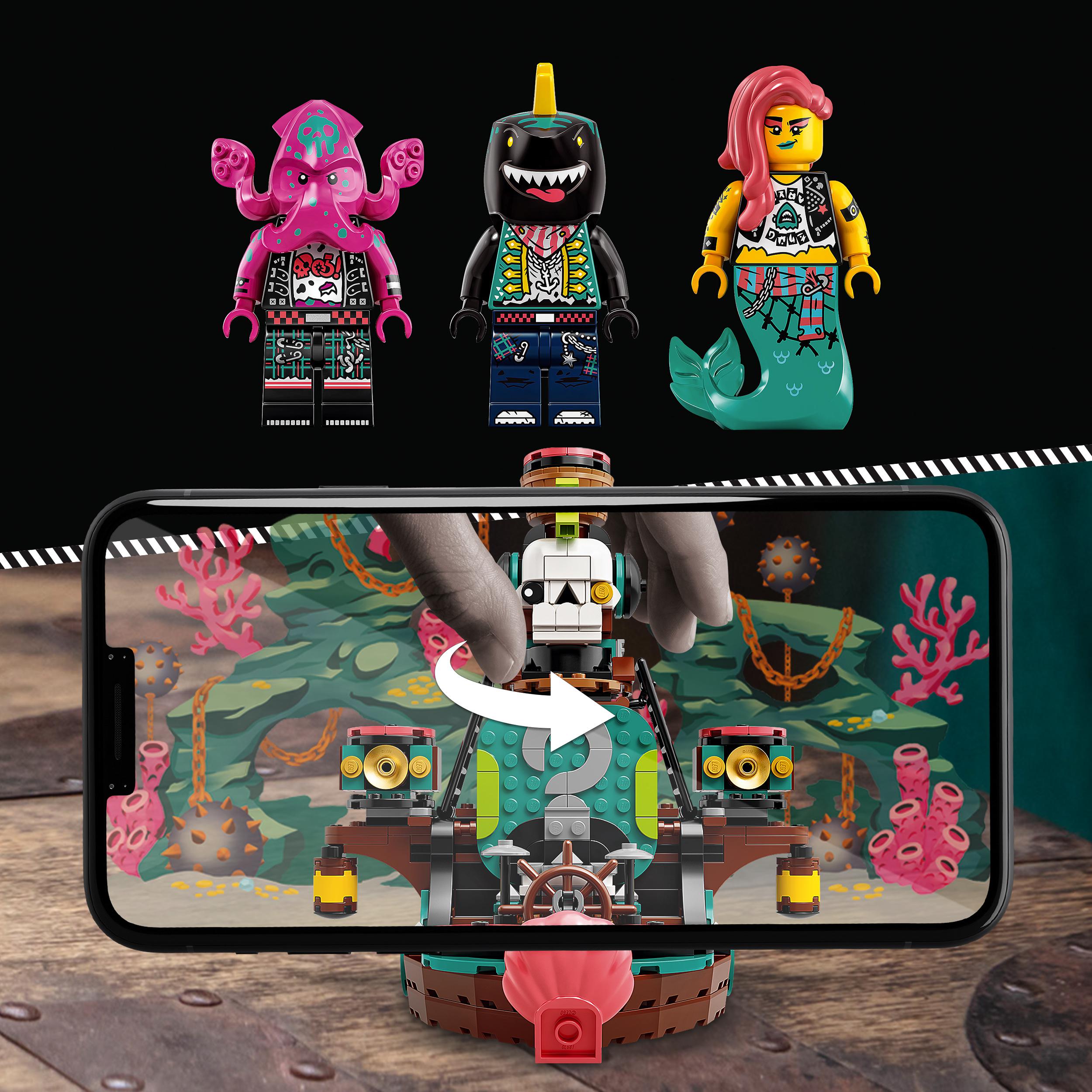 LEGO® VIDIYO Punk Pirate Ship set with minifigures, showcasing kids creating music videos using the app.