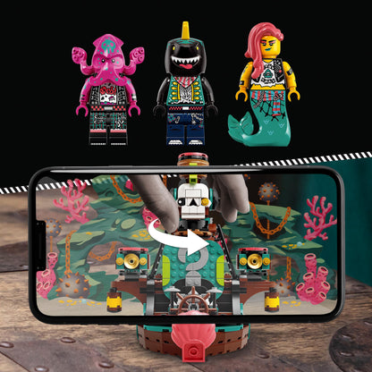 LEGO® VIDIYO Punk Pirate Ship set with minifigures, showcasing kids creating music videos using the app.