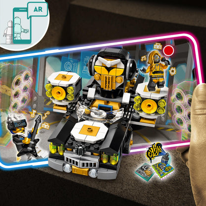 LEGO VIDIYO Robo HipHop Car set with AR app, featuring colorful figures, music elements, and vibrant sound equipment.
