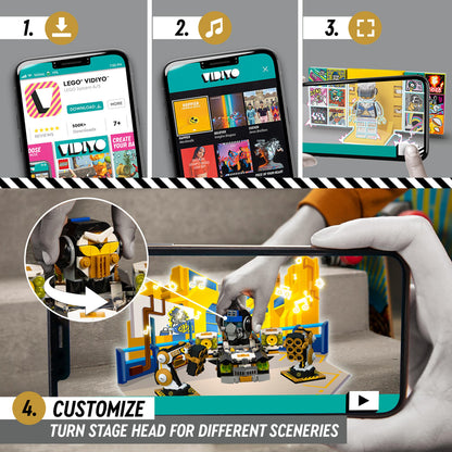 A smartphone displaying the LEGO® VIDIYO app, featuring custom music video scenes with the Robo HipHop Car set.