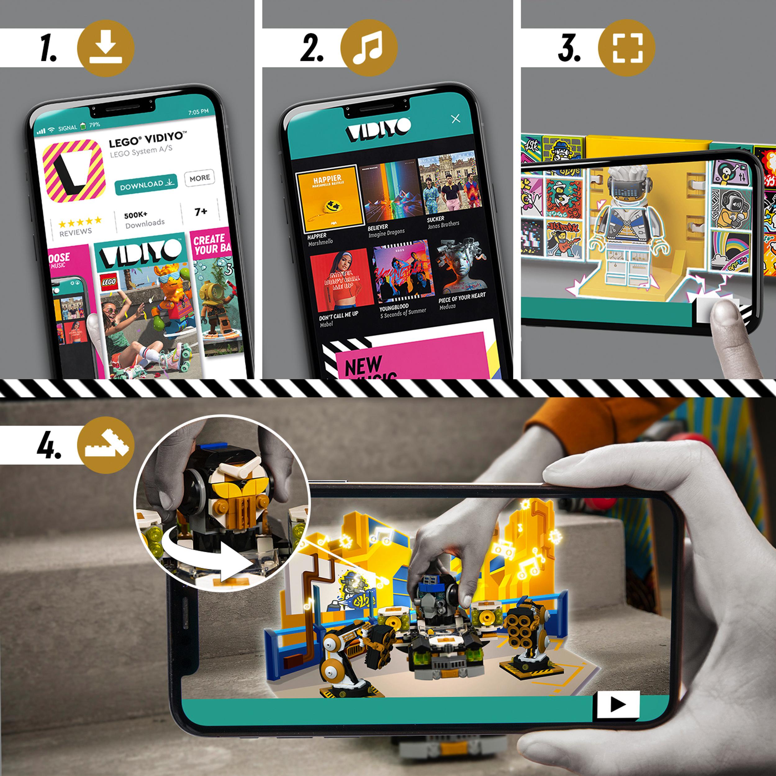 LEGO VIDIYO Robo HipHop Car set showcased on smartphone with app features for creative music videos.