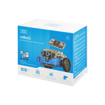 Makeblock mBot 2 packaging showcasing educational robot with CyberPi and Bluetooth dongle for hands-on learning.