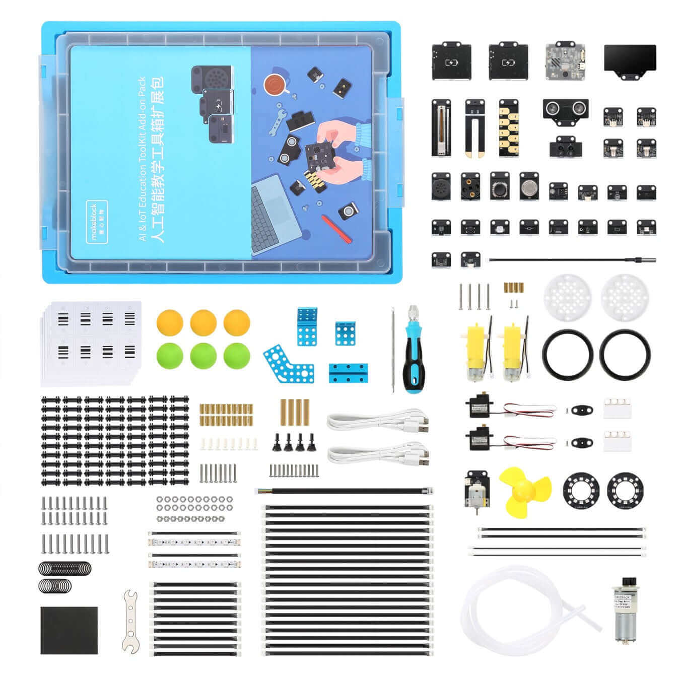 Makeblock AI & IoT Education Toolkit Add-on Pack with electronic modules and accessories for learning AI and IoT.