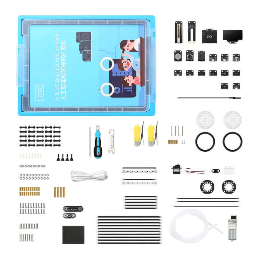 Makeblock AI & IoT Scientist Add-on Pack components, including tools and sensors for educational robotics.