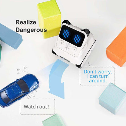 Makeblock Codey Rocky (Education Version) showcasing coding robot navigating around obstacles with voice alerts.