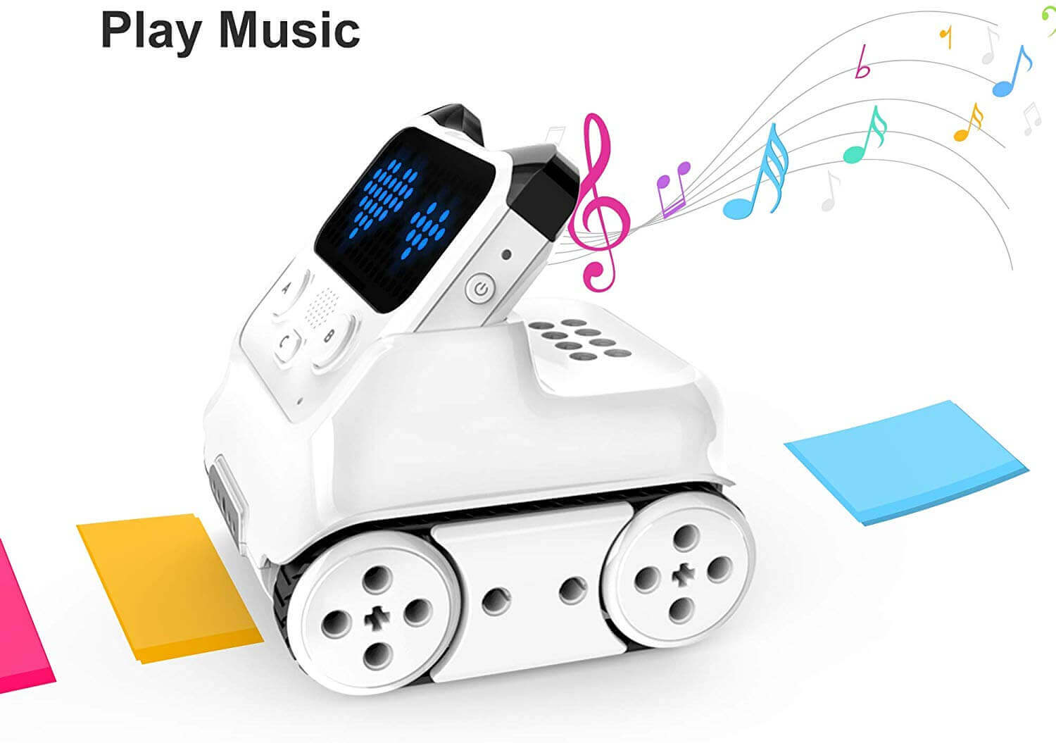 Makeblock Codey Rocky (Education Version) coding robot playing music with colorful notes and cards.