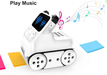 Makeblock Codey Rocky (Education Version) coding robot playing music with colorful notes and cards.