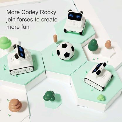 Makeblock Codey Rocky (Education Version) robots collaborating on a learning game with a soccer ball.