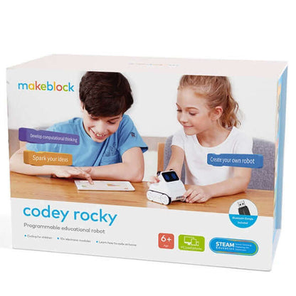 Makeblock Codey Rocky (Education Version) box showcasing children learning and engaging with the coding robot.