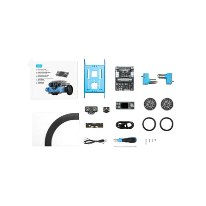 Makeblock mBot 2 with Bluetooth Dongle parts and components layout for educational robotics.