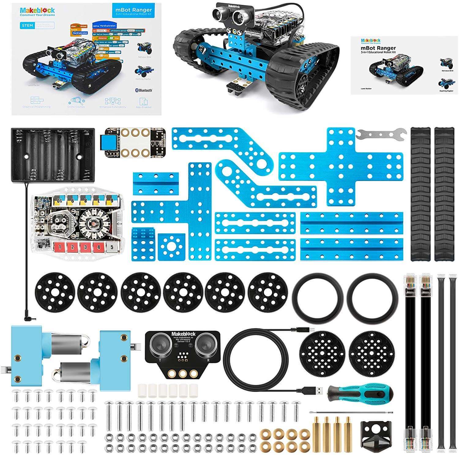 Makeblock mBot Ranger Robot Kit components laid out, showcasing parts for LandRaider, NervousBird, and DashingRaptor.