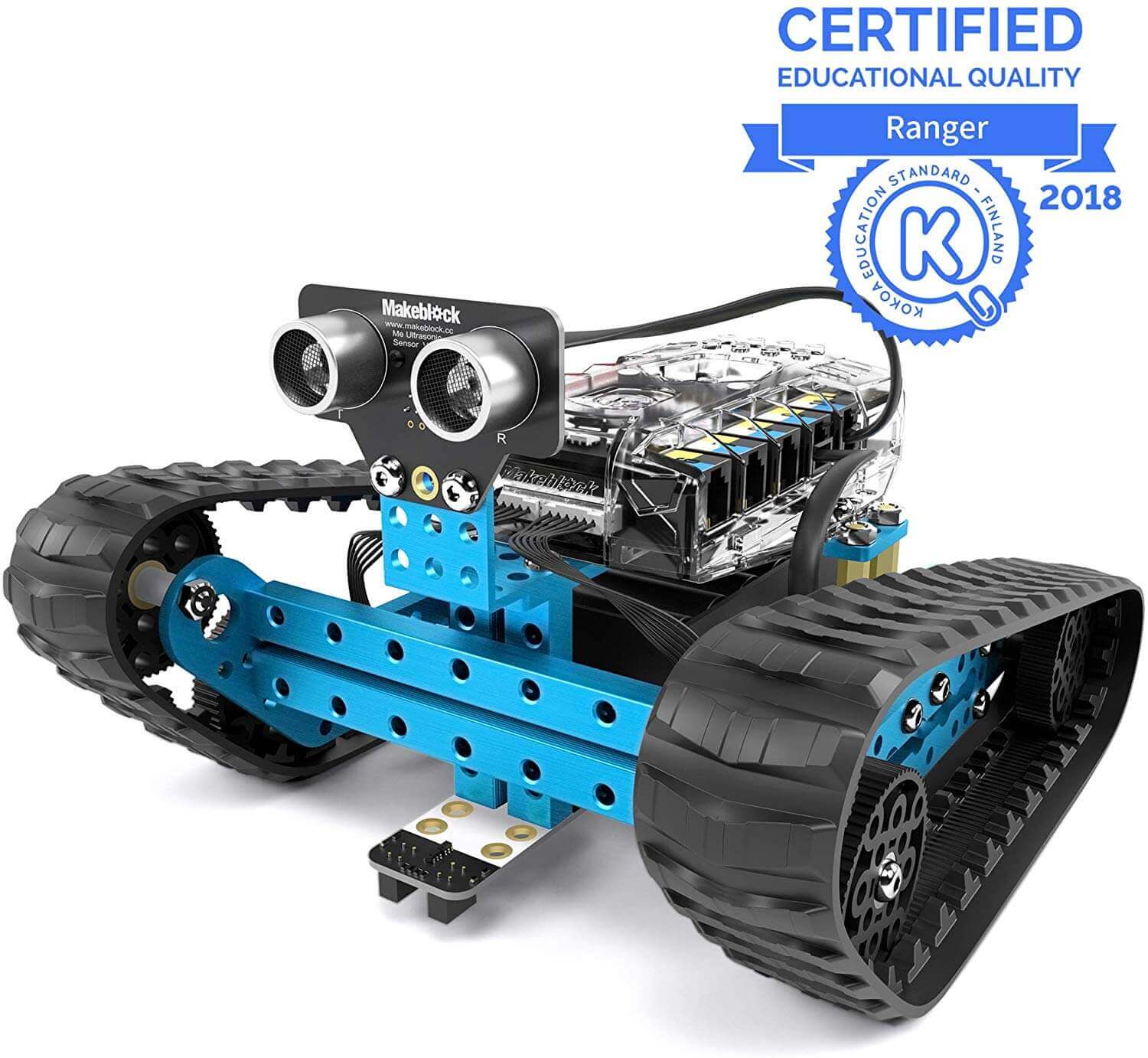 Makeblock mBot Ranger educational robot kit featuring a durable track design, Bluetooth controls, and high-quality sensors.