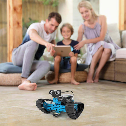 Family enjoying playtime with Makeblock mBot Ranger Robot Kit, showcasing its Bluetooth control and fun educational features.