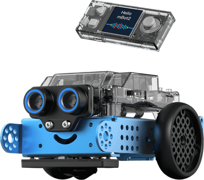 Makeblock mBot2 educational robot powered by CyberPi with built-in sensors and display, ideal for student learning.