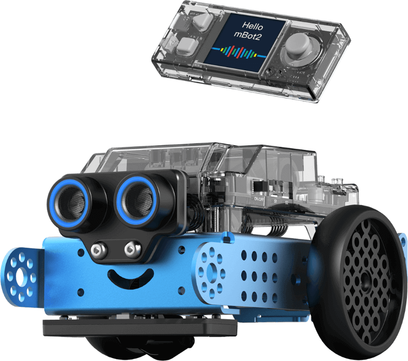 Makeblock mBot2 educational robot powered by CyberPi with built-in sensors and display, ideal for student learning.