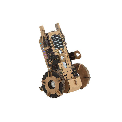 Makeblock Neuron Explorer Kit robotic car made from cardboard, showcasing wheels and LED lights for interactive learning.