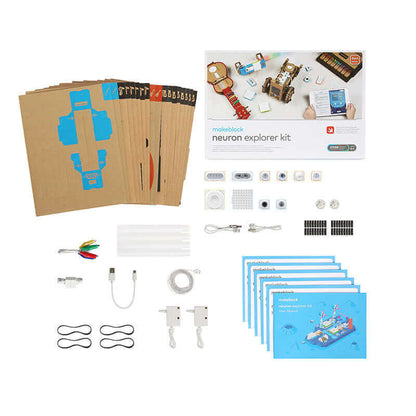 Makeblock Neuron Explorer Kit contents including circuits, sensors, and instructional manuals for creative learning.