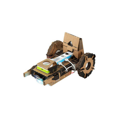 Makeblock Neuron Explorer Kit robotic car model, featuring cardboard construction and colorful electronic components.