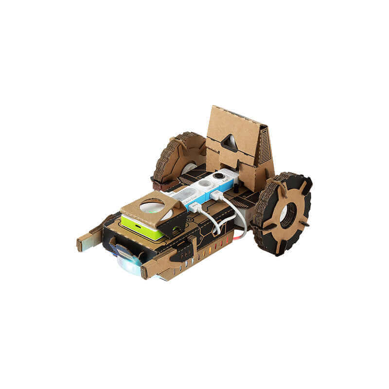 Makeblock Neuron Explorer Kit robotic car model, featuring cardboard construction and colorful electronic components.