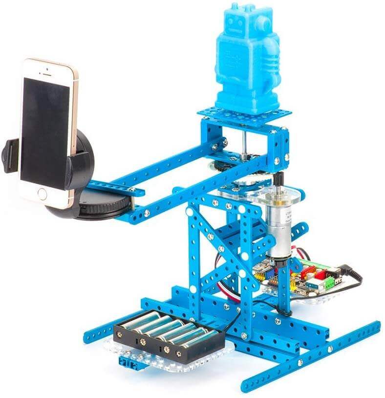 Makeblock Ultimate Robot Kit V2.0 mBot, blue robot arm with smartphone holder for learning robotics.