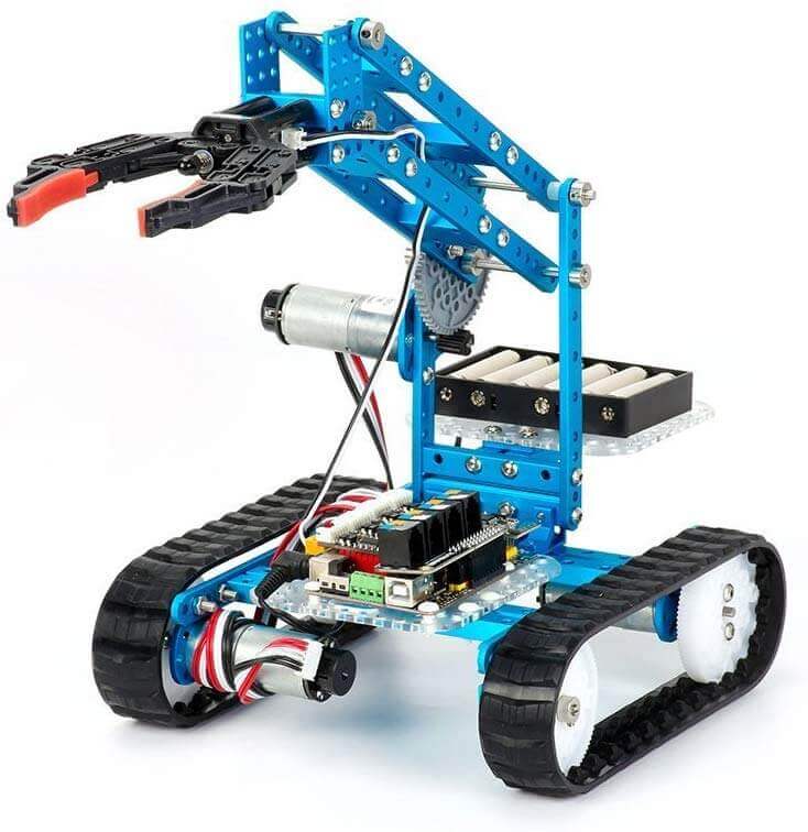 Makeblock Ultimate Robot Kit V2.0 mBot featuring robotic arm tank with blue chassis and electronic components.